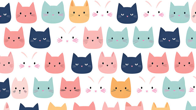 Cute line cat pattern background in various colors, wrapping paper style, Generative AI