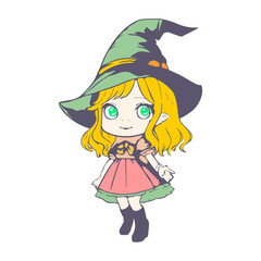 Happy young cute witch girl sketchbook cartoon style. Long curly hair and big anime style eyes. Halloween relative smiling character