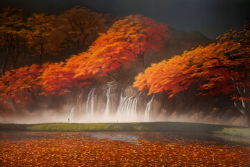 Waterfall surrounded by autumn leaves. Generative AI.