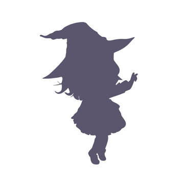 Young cute witch girl sketchbook cartoon style silhouette. Long curly hair and big anime style eyes. Halloween relative character