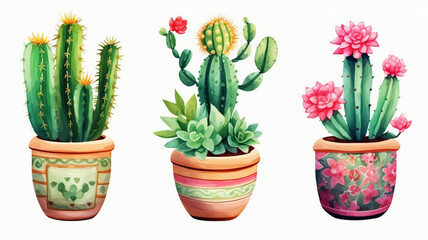 watercolor painting style illustration of cute cactus pot plants collection, AI