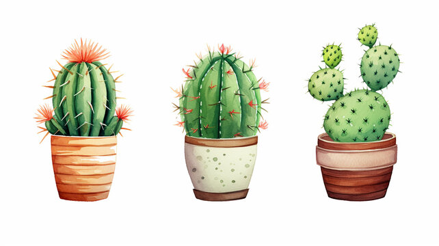 watercolor painting style illustration of cute cactus pot plants collection, AI