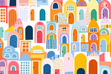 Arched doorways quirky doodle pattern, wallpaper, background, cartoon, vector, whimsical Illustration