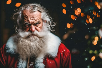 portrait of santa claus with detailed clothes, on a christmas, snowy winter background, looking angry - obrazy, fototapety, plakaty