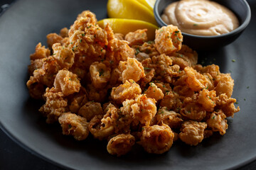 A view of a plate of deep fried calamari.