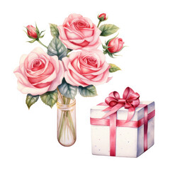 Birthday gift box and rose Illustration, Generative Ai