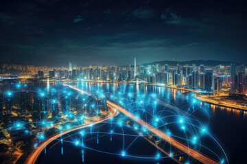 Futuristic city technology with digital glowing light reflection, smart modern mega city, neon technology background, Night life Smart futuristic city big data technology concept.
