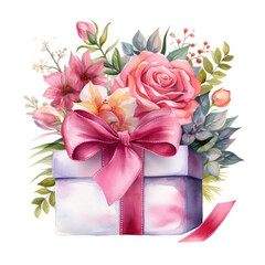 Birthday gift box and rose Illustration, Generative Ai