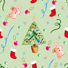 Seamless pattern for new year and christmas. Watercolor drawing.