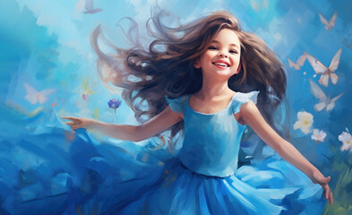 Fototapeta na wymiar Cute little princess in blue dress with Flowers and butterflies
