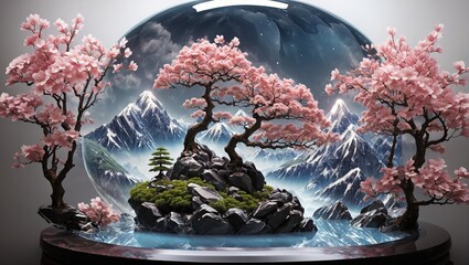Bonsai sakura in the mountains, decorative composition