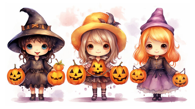 watercolor painting style illustration of cute happy girl halloween cartoon, AI