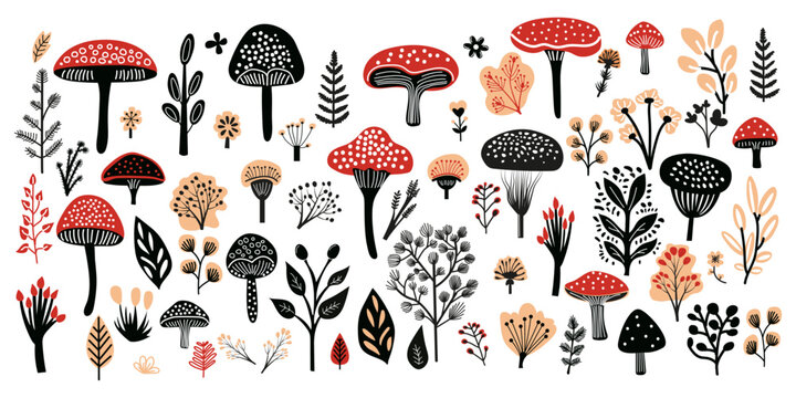 Set with hand drawn linocut wild flowers, trees, leaves and mushrooms. Isolated on white background vector illustration
