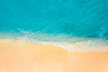 Top drone view fantastic popular travel landscape. Summer seascape blue water yellow sand. Aerial...