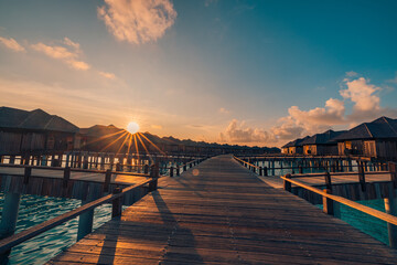 Amazing sunlight tropical Maldives resort villas and island with beach and sea for holiday vacation...