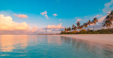 Selbstklebende Fototapeten Blau Best sandy island beach. Silhouette palm trees destination landscape panorama. Inspire popular vacation tropic seascape horizon. Majestic nature sunset sea sky reflection. Tranquil relax summer travel  © icemanphotos