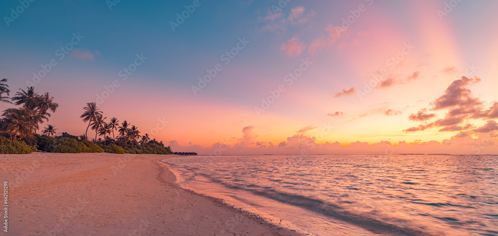 Poster best island beach. silhouette palm trees panoramic destination landscape. inspire sea sand popular v - Posters