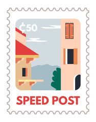 Speed post, postcard or mark with city scenery