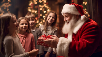 Fototapeta na wymiar Happy Santa with children at the Christmas tree on Christmas night.