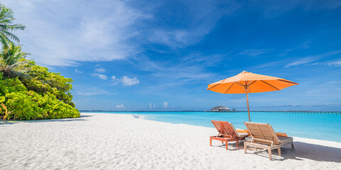 Tropical paradise beach sea sand sky coconut palm trees travel tourism. Chairs umbrella love...