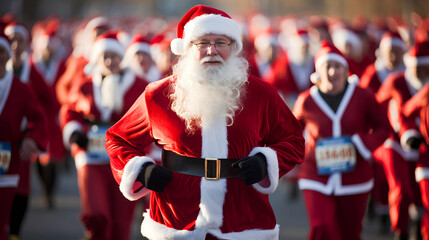 Happy Santa Claus finishes the race in the snow on Christmas Day. - obrazy, fototapety, plakaty