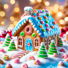gingerbread house with candy Christmas trees on a festive Christmas snow background.