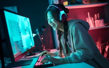 Happy professional gamer playing online video game. - obrazy, fototapety, plakaty