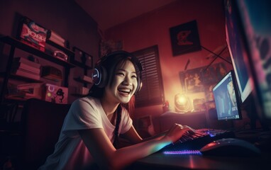 Happy professional gamer playing online video game. - obrazy, fototapety, plakaty