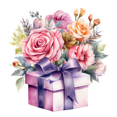 Birthday gift box and rose Illustration, Generative Ai