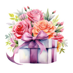 Birthday gift box and rose Illustration, Generative Ai