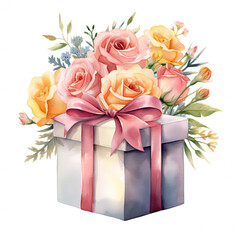 Birthday gift box and rose Illustration, Generative Ai