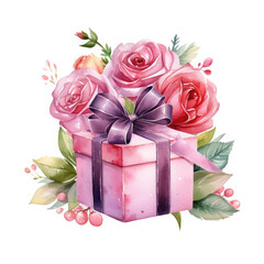 Birthday gift box and rose Illustration, Generative Ai