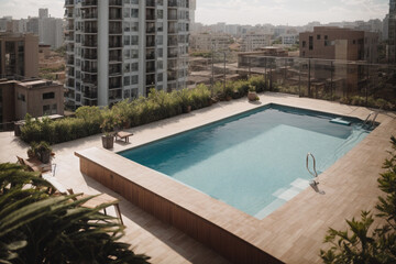 Fototapeta premium an amazing view of a swimming pool on a rooftop apartment surrounded by buildings