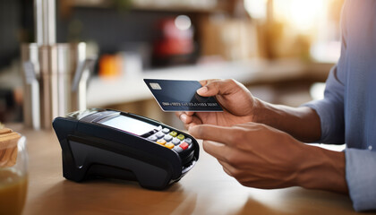 Customers make electronic payments at the retail store's checkout. Buying, selling, and banking with credit cards is seamless and convenient - Powered by Adobe