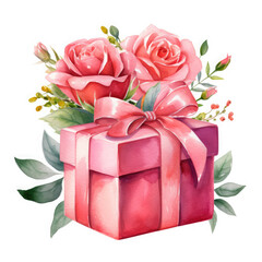 Birthday gift box and rose Illustration, Generative Ai