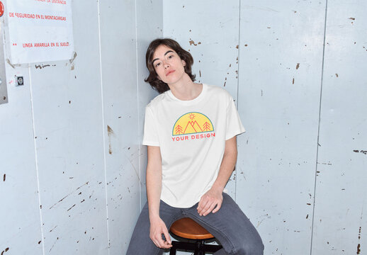 Mockup of woman wearing t-shirt with customizable color and design sitting on stool in elevator, camera flash