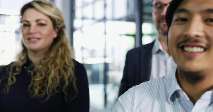 Business people, office team and happy leadership, career mindset and teamwork, collaboration or workplace portrait. Smile, face and professional employees, man and woman with company diversity