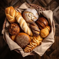 Papier Peint photo autocollant Boulangerie バスケットに入った様々な種類の焼きたてのパン