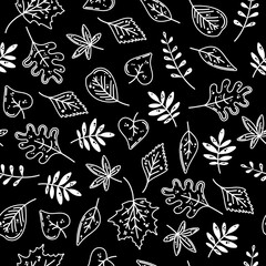 Black and white raster autumn pattern with fallen leaves