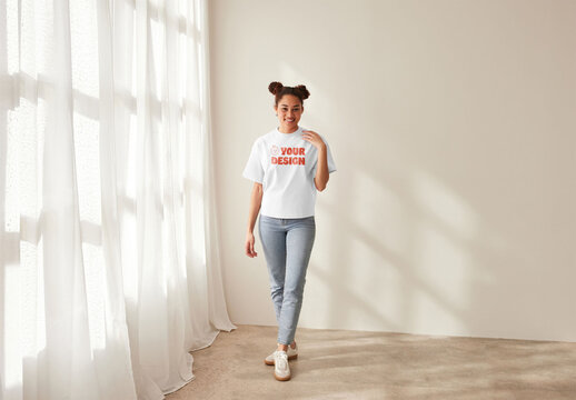 Mockup of woman full length wearing customizable t-shirt