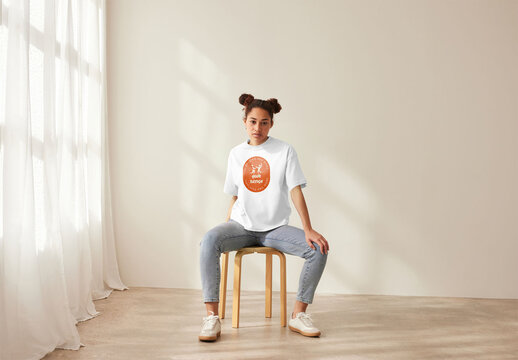 Mockup of woman wearing customizable t-shirt on stool, full length