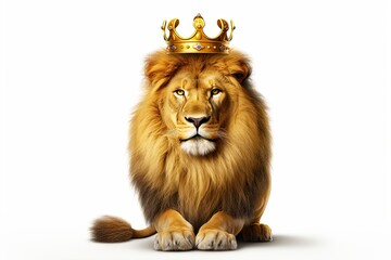 king lion wearing a crown isolated on white background - obrazy, fototapety, plakaty