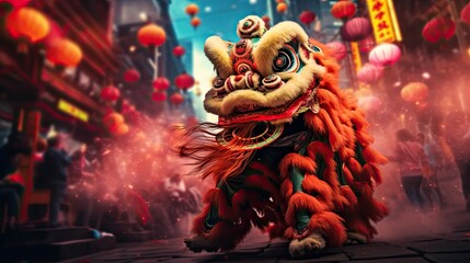 chinese lion dance celebrating new year in the street