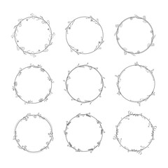 Set Abstract Black Collection Simple Line Round Circle With Leaf Leaves Frame Flowers Doodle Outline Element Vector Design Style Sketch Isolated Illustration For Wedding And Banner