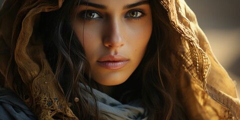 Portrait of Beautiful Veiled Arab Women with Desert Background. Close up of Middle Eastern Women with Beautiful Eyes