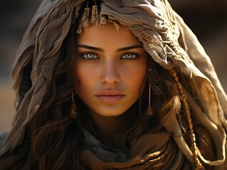 Portrait of Beautiful Veiled Arab Women with Desert Background. Close up of Middle Eastern Women with Beautiful Eyes