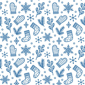Cozy winter vector seamless pattern with mittens, socks, fir branches and snowflakes. Line drawing style, wallpaper design, textile and wrapping paper print.