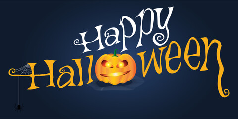 Happy Halloween banner vector with pumpkin and spider, vector banner on dark blue background for use to your website.