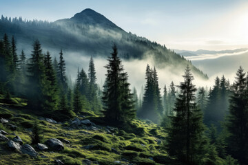 Aerial view landscape of Misty foggy mountain hills and forest, Beautiful fresh green natural scenery of hilltop, relax time with greenery tree in the morning.