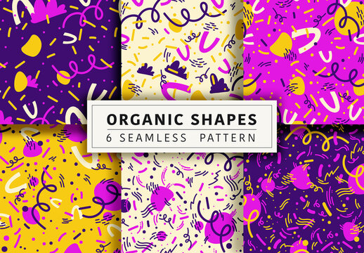 Mockup of 6 customizable repeatable purple and yellow abstract shapes